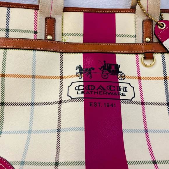 Coach Plaid Tote Bag - Burgundy and Cream - Picture 4 of 7